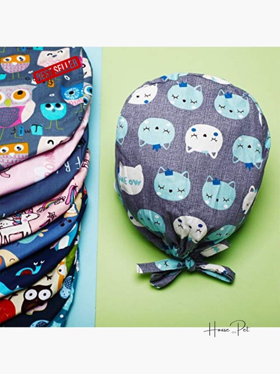 6 Pcs Cute Animal Print Adjustable Scrub Caps with Buttons - Surgical Nursing main image 5